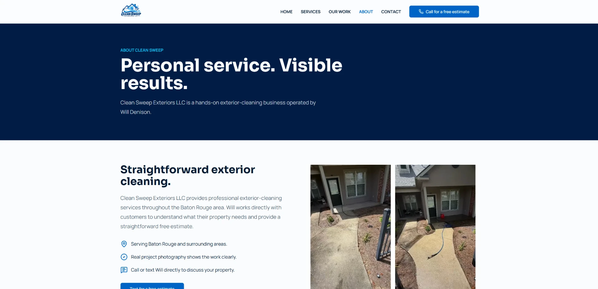 Clean Sweep Exteriors About page with company information and real walkway cleaning photographs