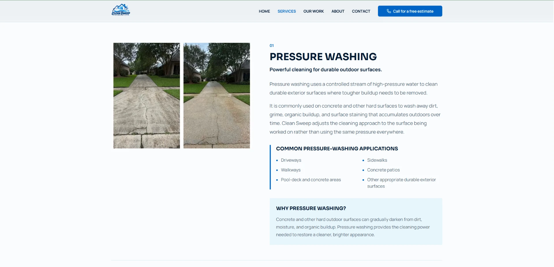 Clean Sweep Exteriors pressure washing service page with driveway photographs and service details