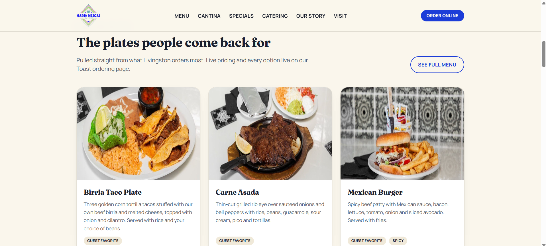 Featured menu section of the Maria Mezcal site showing the Birria Taco Plate, Carne Asada and Mexican Burger with photos and descriptions