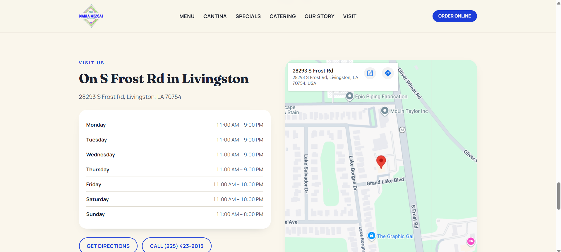 Visit section of the Maria Mezcal site with weekly hours, address and an embedded map of Livingston, Louisiana