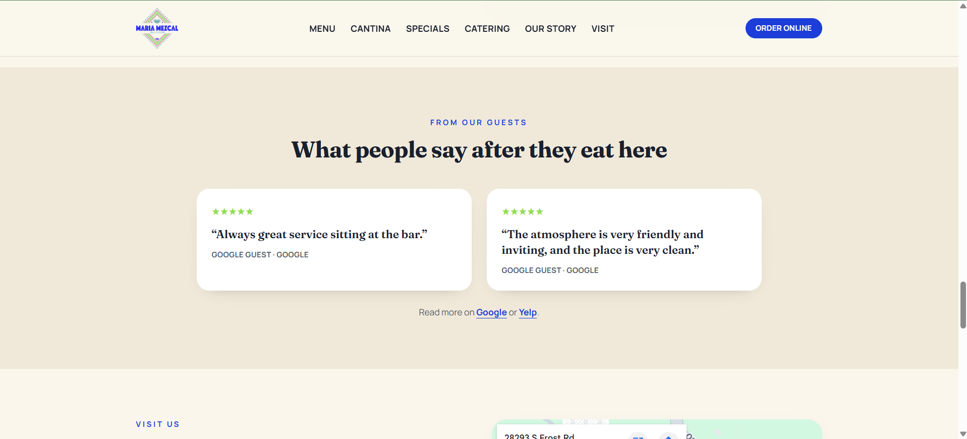 Guest reviews section of the Maria Mezcal site showing five-star Google review quotes
