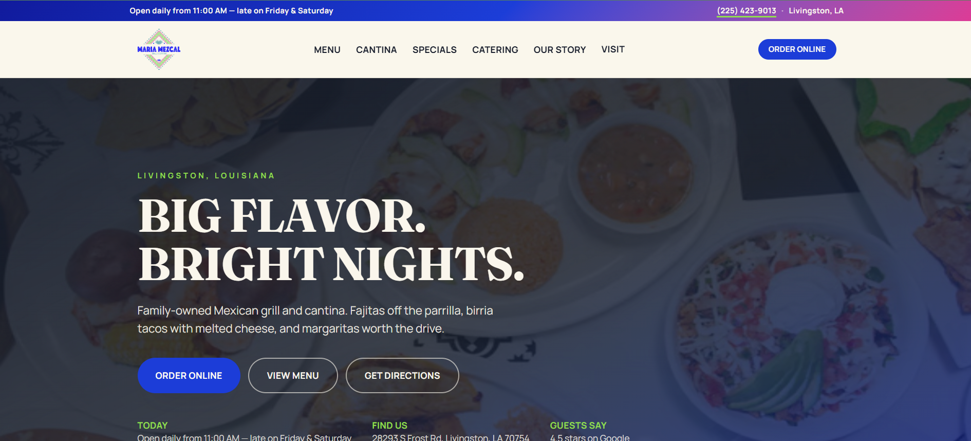 Maria Mezcal homepage hero reading Big Flavor. Bright Nights. over restaurant food photography