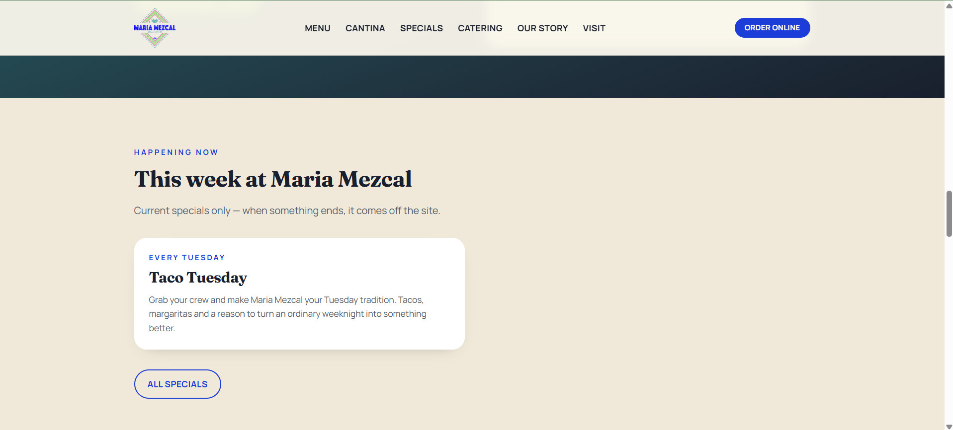 Current specials section of the Maria Mezcal site featuring a Taco Tuesday card